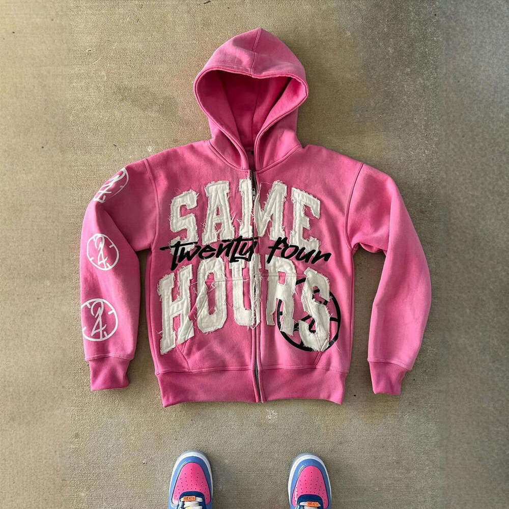 street hip-hop Y2K letter patch embroidered unisex loose zipper hooded sweatshirt