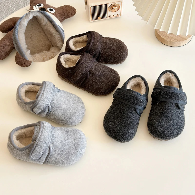 2-10Y Boys Girls Shoes Children Blend Woolen Cotton Shoes Kids Warm Plush Winter Casual Flats Toddler Baby Shoe Grey Brown 21-34 241223