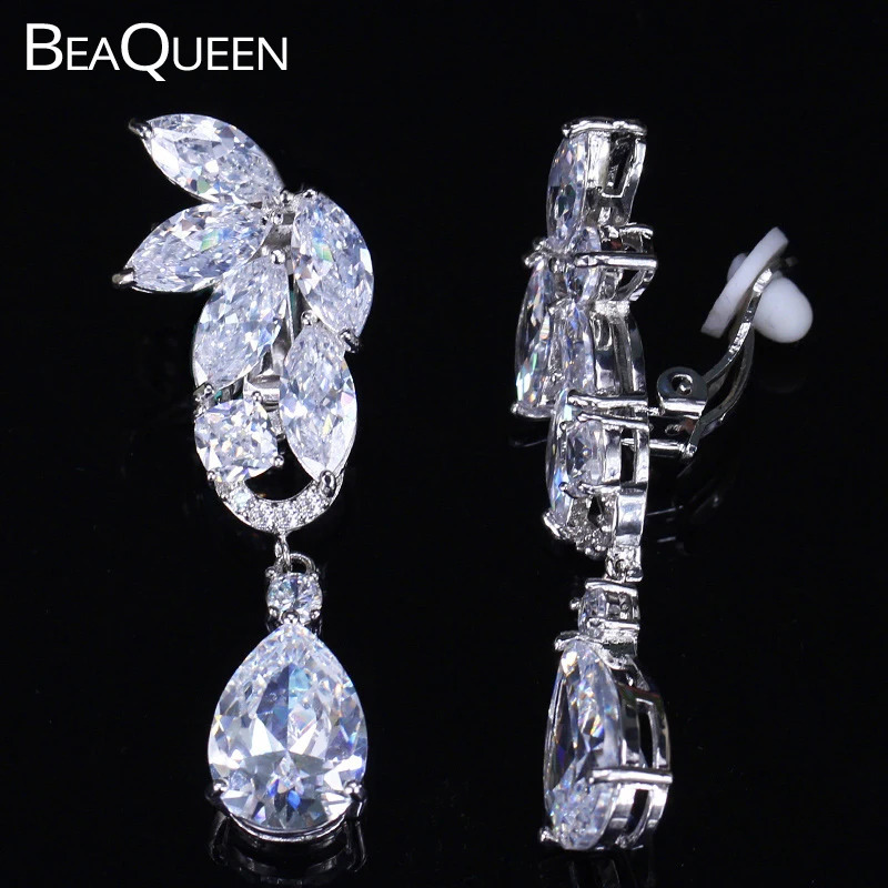 BeaQueen Stunning Cubic Zirconia Water Drop Stone No Hole Clip On Earrings Long Women Wedding Non Pierced Ear Jewelry E185 241220