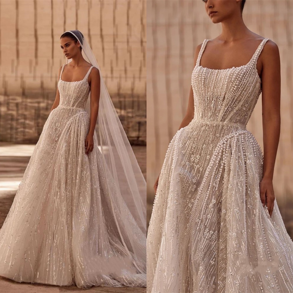 Gorgeous Bridal Dress Sequins Pearls Wedding Square Neck Sleeveless A e Gown Sweep Train Customized Dresses Vestido De Novia