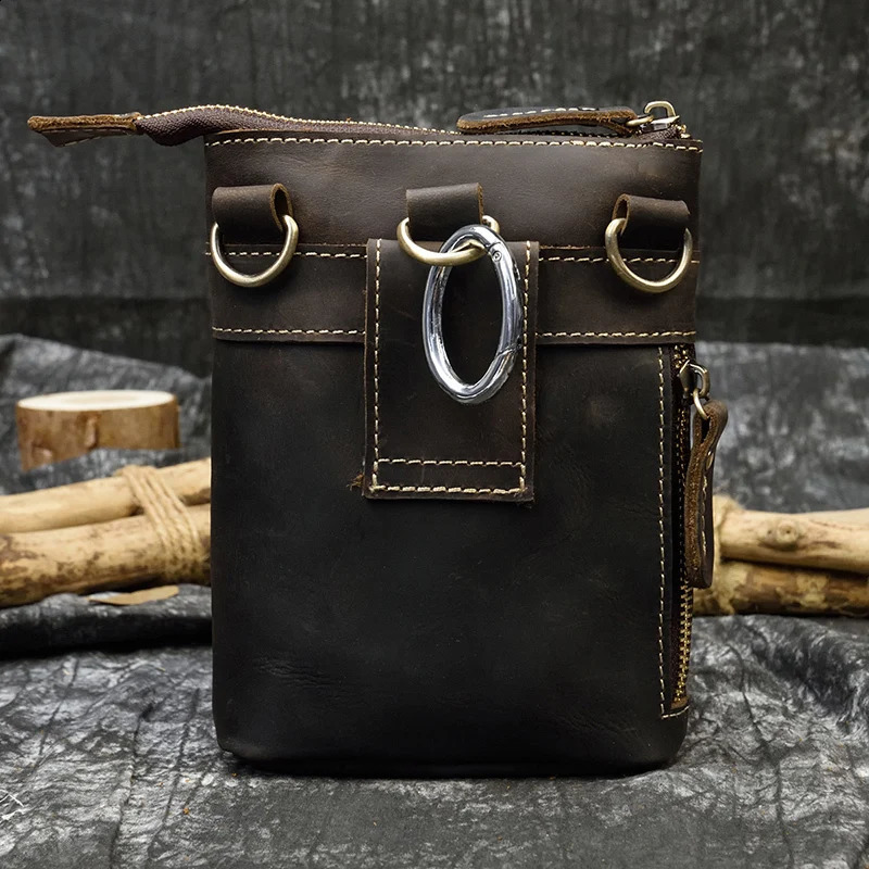 Men Vintage Genuine Leather Waist Pack Shoulder Strap Belt Bag Small Crazy Horse Leather Crossbody bag Belt Phone Pouch 241223