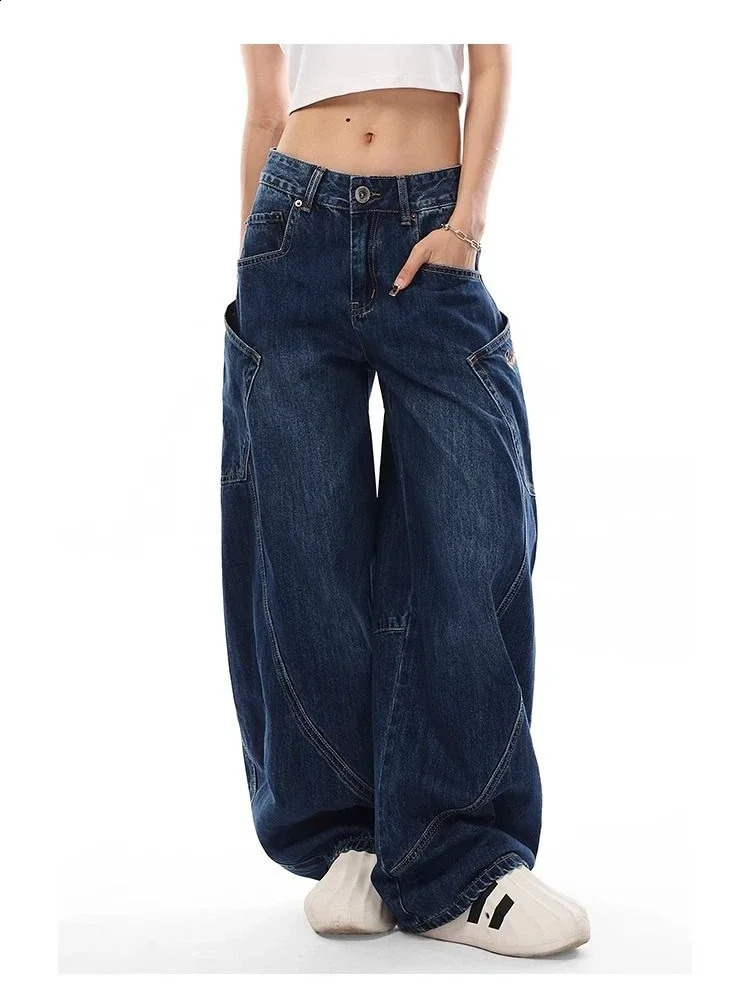 Womens Baggy Wideleg Vintage Blue Style Pants Cool Girl Fashion Jeans Bottoms Female High Waist Straight Large Pocket Trousers 241218
