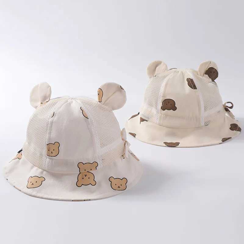 Caps Hats Cute Bear Baby Bucket Hat with Ears Boy and Girl Cartoon Cotton Mesh Breathable Sun Hat Childrens Outdoor Summer Childrens Hat H241223