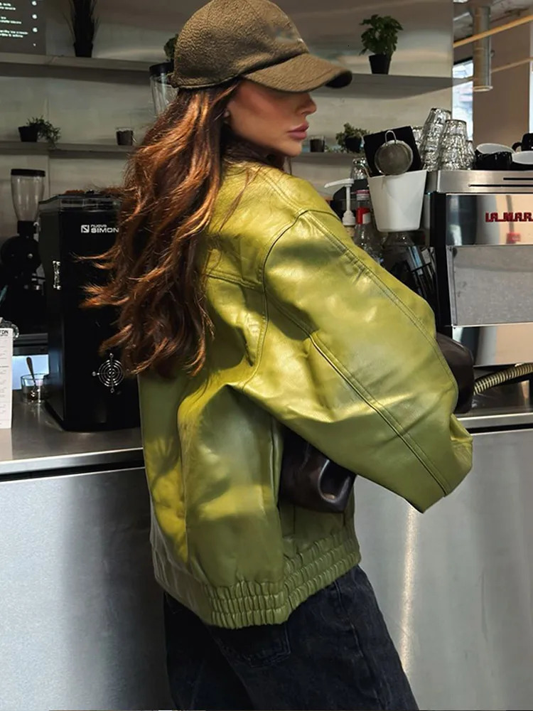 Fashion Lapel Collar Green Pu Leather Short Jackets For Women Locomotive Button Long Sleeve Coats Female 2024 Autumn Office Wear 241220