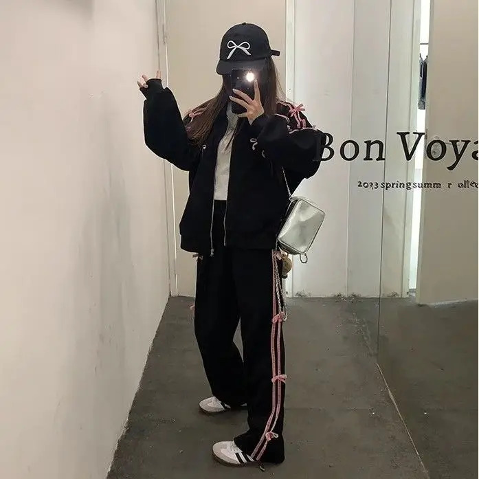 Autumn New Fashion Sports Style Gray Bow Stand Up Hoodie Coat+High Waist Loose Casual Wide Leg Pants Two Piece Set Women Outfits