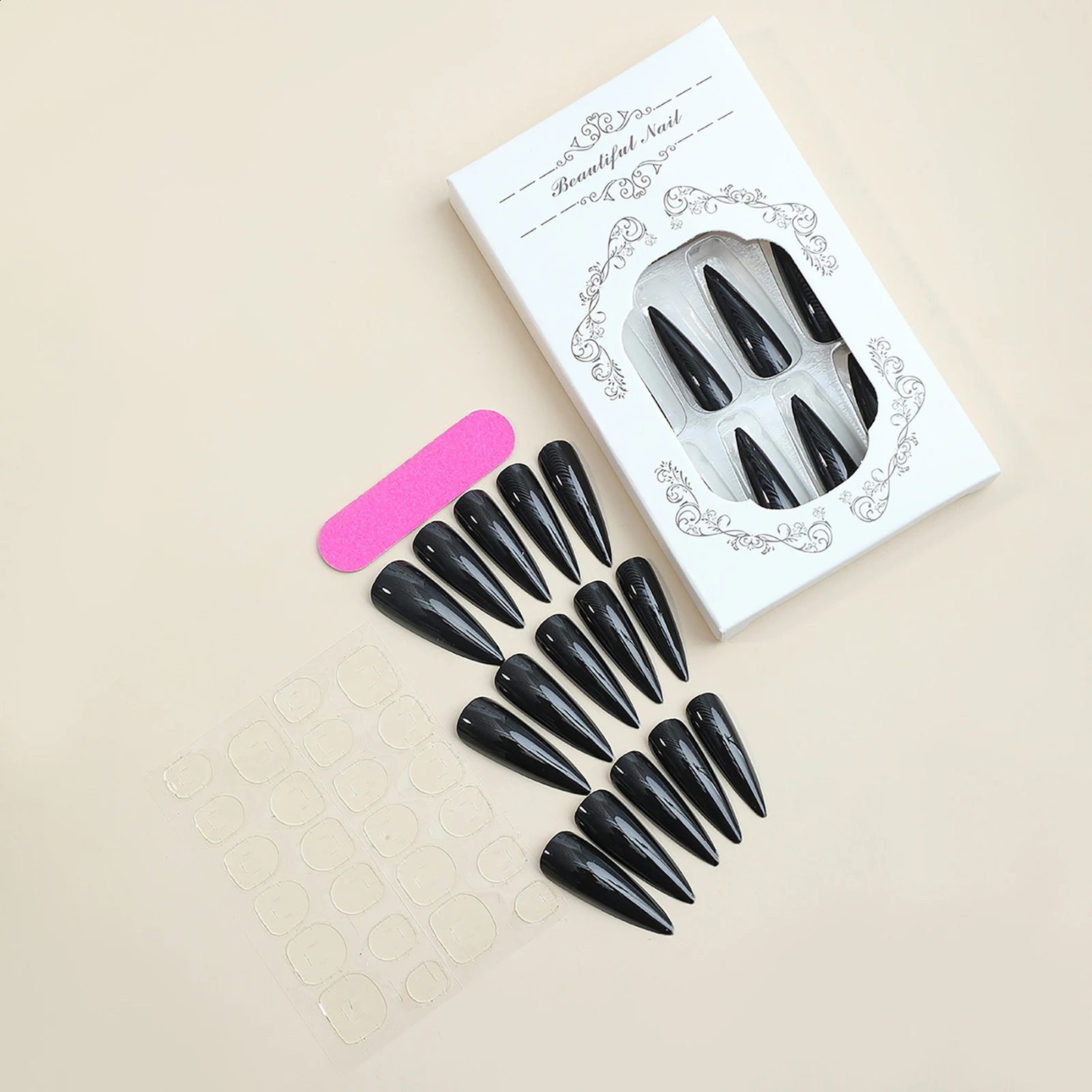 24Pcs Cool Pure Black Long Fake Nails Pointed Tips False Nail Solid Color Simple Style Artificial Nail Salon Expert Naive Cool 241223