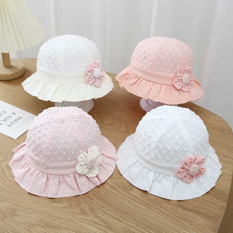 Caps Hats Lace Ruffle Baby Bucket Flower Princess Sunset Fishermans Hat Summer Thin Cotton Newborn UV Protective Sun Hat 3-18M H241223