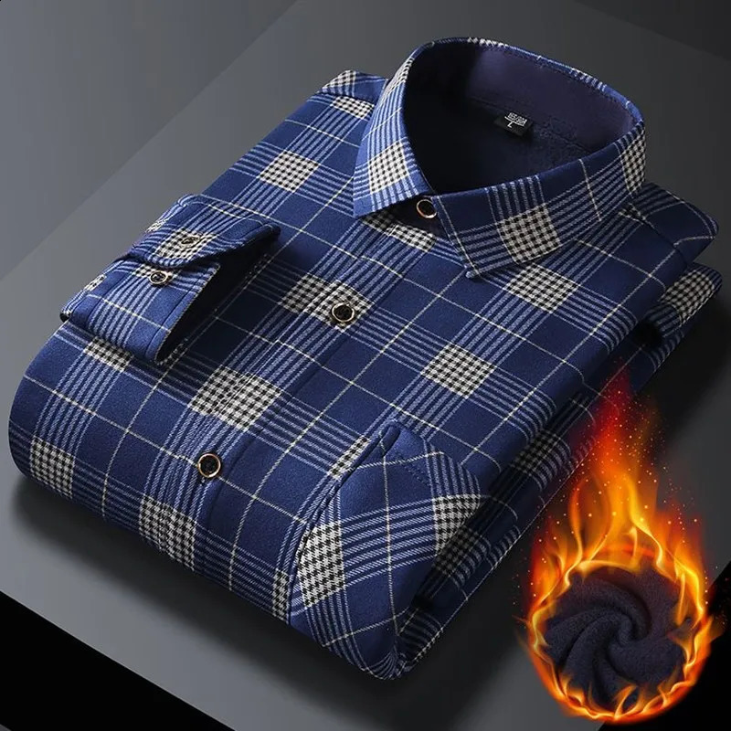 Autumn/Winter Fashion Plaid Shirt Mens Casual Relaxed Comfortable Plus Fleece Thick Warm High Quality Long Sleeve Shirt 241223