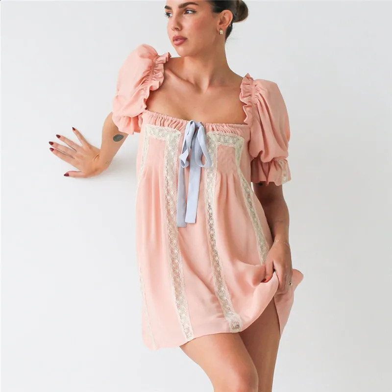 Gaono Womens Cute doll Mini Dress Y2k Square Collar Bow Tassel Dress Fairy Sweetheart Puff Short Sleeve Sundress Summer 241223