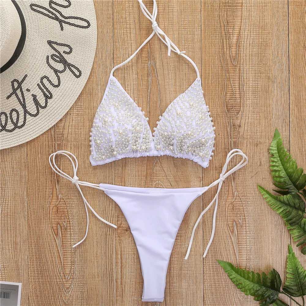 Sexy Micro Bikini Women Solid Black White Pearl Designer Swimsuit 2022 Luxury Beach Push Up Bathing Suit Thong Swimwear BiquiniXJ241223