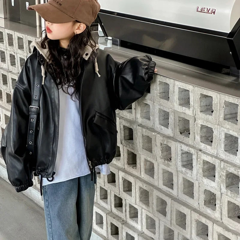 Girls Leather Jacket Hooded Jacket Autumn Stylish Children Clothing Long Sleeved Jacket Top for Baby Girls 241223