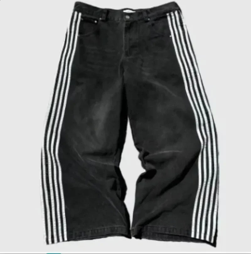 Y2k high-waisted jeans Women Harajuku Trend striped straight leg jeans Hip Hop retro streetwear couple baggy wide-leg pants 241223