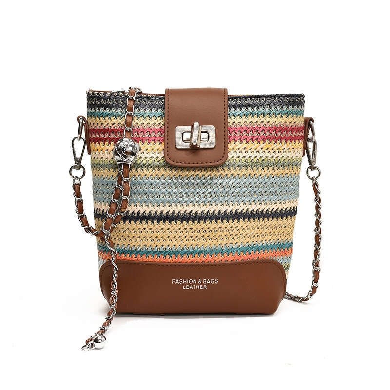 This year's popular straw bucket for women 2024 new fashionable summer rainbow woven crossbody phone bag