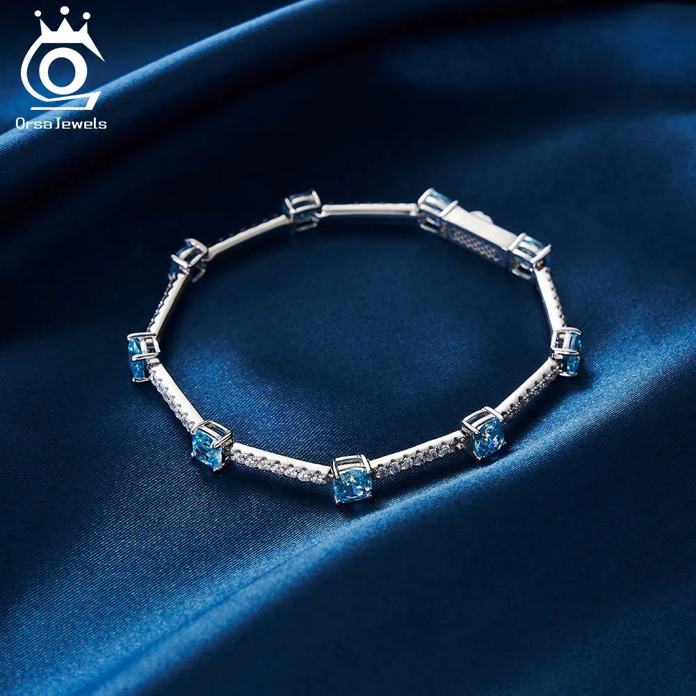ORSA JEWELS Elegant Created Aquamarine CZ Chain Bracelet 925 Sterling Silver 5A Zircon Tennis Bracelet for Women Jewelry LZB03 241214