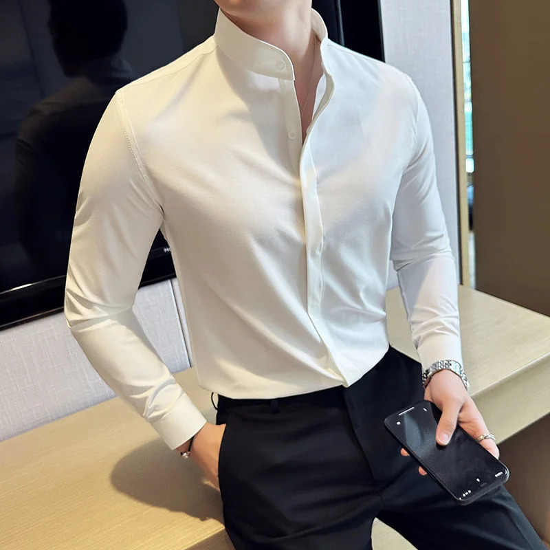 2024 Stand Collar Shirts For Men High Quality Hide Buttons Solid Slim Fit Business Party Wedding Dress Shirts 241223