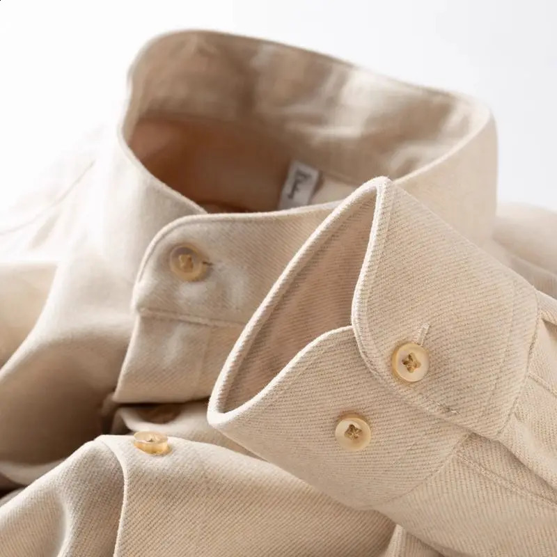 Men Long Sleeve Shirt Stand Collar Brown Shirt Autumn And Winter Warm Thick Zhongshan Collar Flannel Shirt 241223