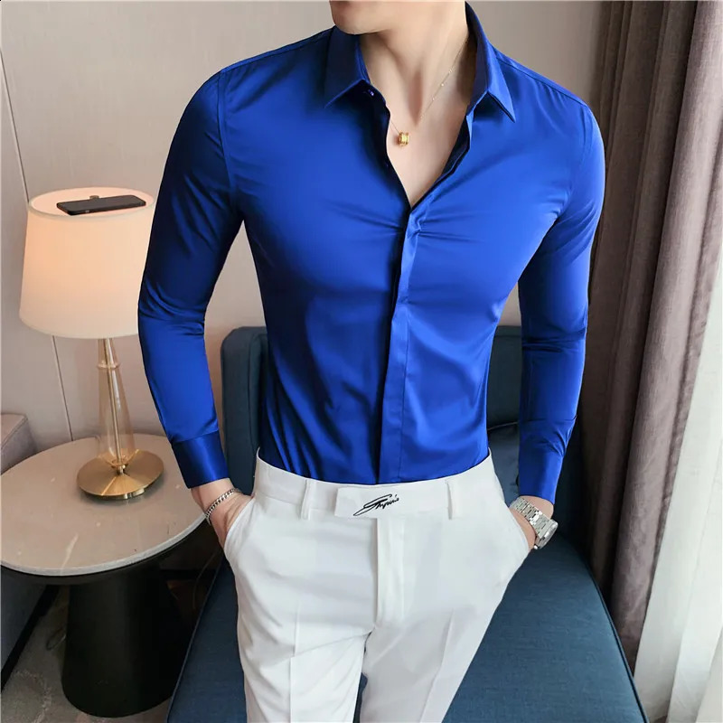 8 Colors High Quality Men Dress Shirt 2024 Autumn Long Sleeve Solid Concealed Placket Shirts Men Business Slim Fit Social Shirt 241223