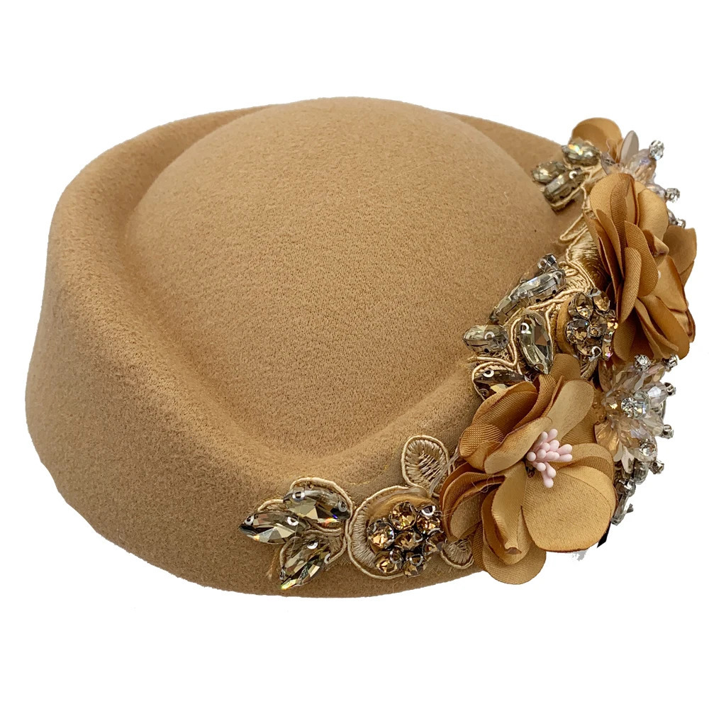 Vintage Felt Turban Hat For Women Church Derby Fascinator With Flower Ladies Soft Beret Caps party Airline Stewardess 241220