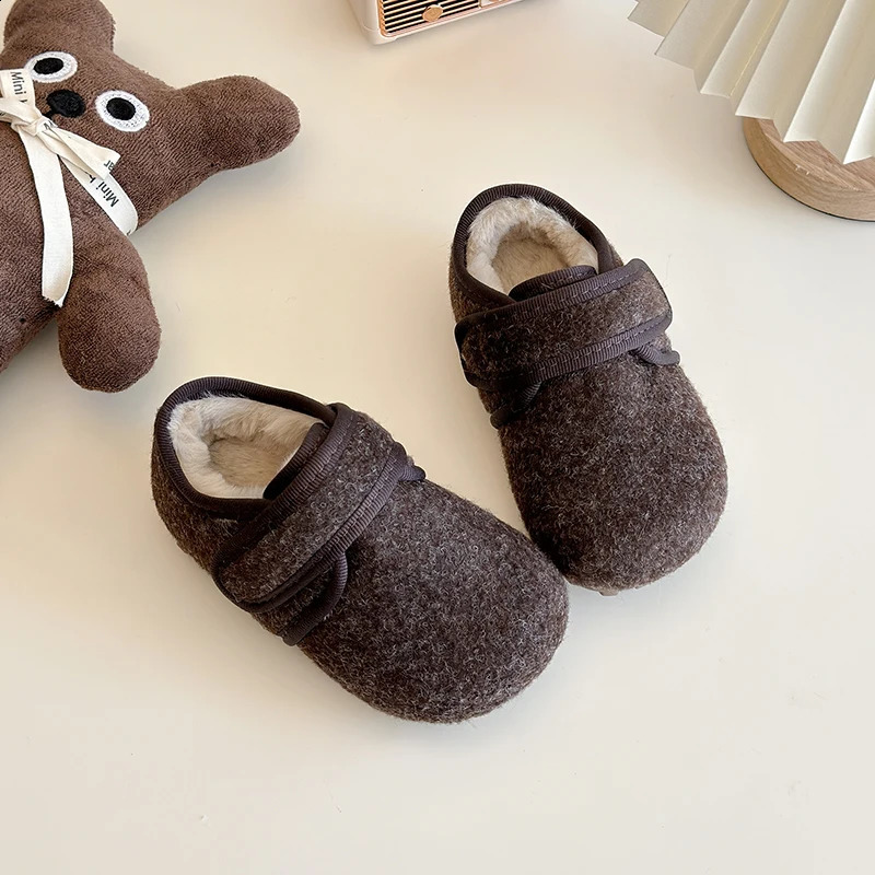 2-10Y Boys Girls Shoes Children Blend Woolen Cotton Shoes Kids Warm Plush Winter Casual Flats Toddler Baby Shoe Grey Brown 21-34 241223
