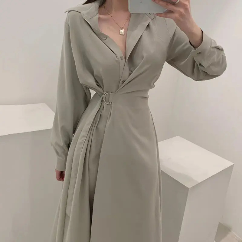 Elegant Spring and Autumn Polo Collar Single Breasted Lace Up Waist Slimming Long Sleeved Shirt Dress for Women 241218