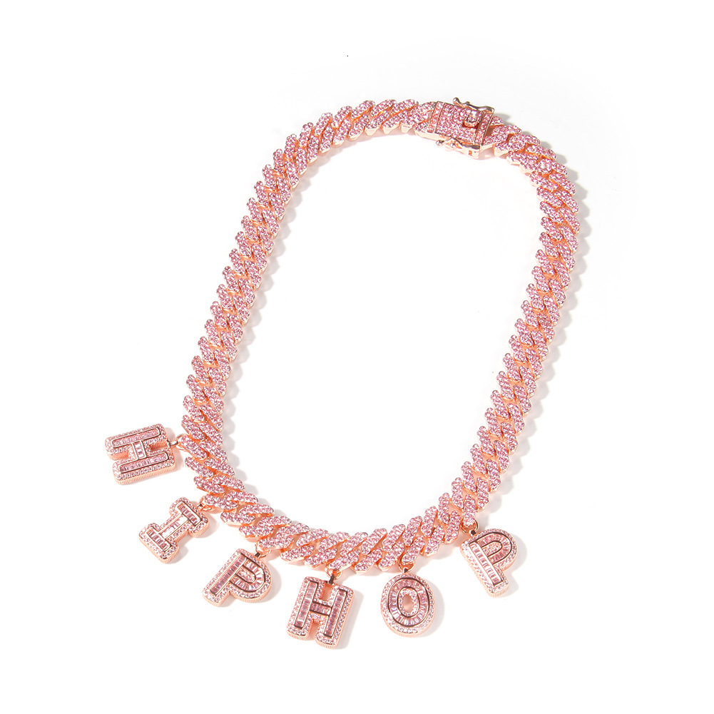 12mm Pink Custom Letter Name Pendant Crystal Cubal Link Chain Necklace Bracelet DIY Initial Letters Curb Chains Couple Personalized Match Jewelry Puls
