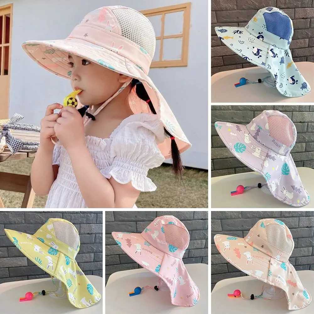 Caps Hats Summer baby sun hat bucket hat with whistle suitable for girls boys outdoor neck earmuffs UV resistant childrens beach hat H241223
