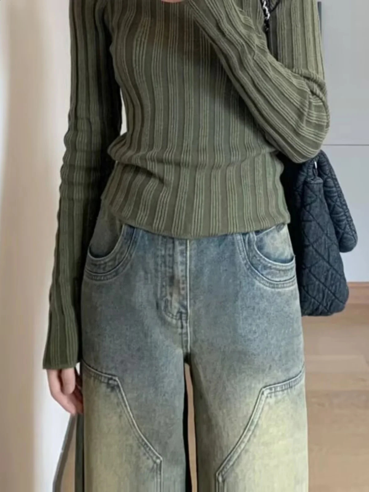 Blue Womens Jeans High Waist Vintage n Hip Hop Straight Baggy Denim Pants Street Y2K American Style Wide Leg Trouser 241218
