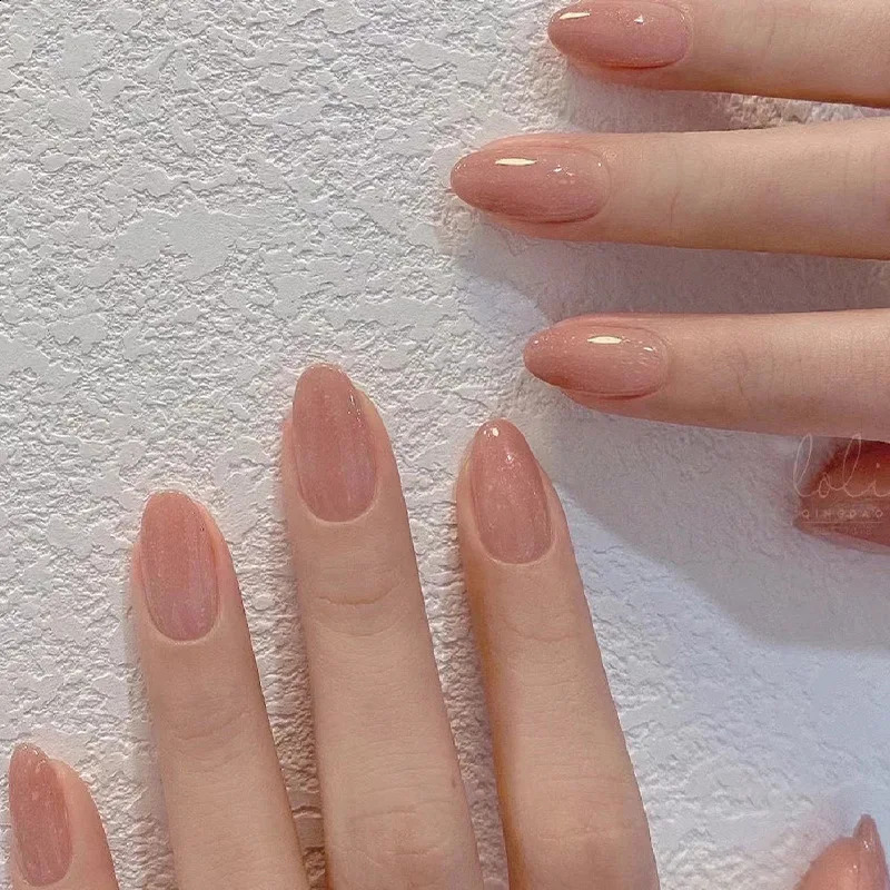 24Pcs Solid Color Grey Almond Fake Nail Cats Eye Wearable Round Head False Nails with Shiny Powder Press on Nails 241223