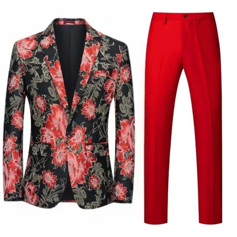 Men Suit 2 Pieces Orange Flower Pattern One Button Business Casual For Wedding Birthday Party Set Jacket And Pants 241220
