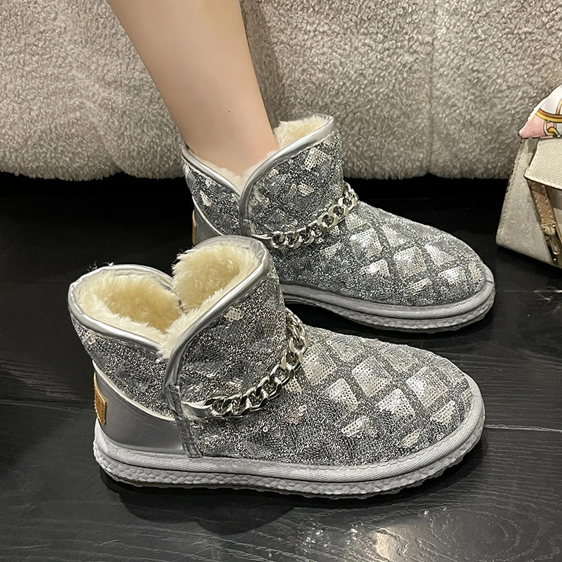 Winter Women's Snow Fashion Warm Plush Metal Chain Short Boots Sequins Flat Soft Thicken Female Cotton Ankle Shoes
