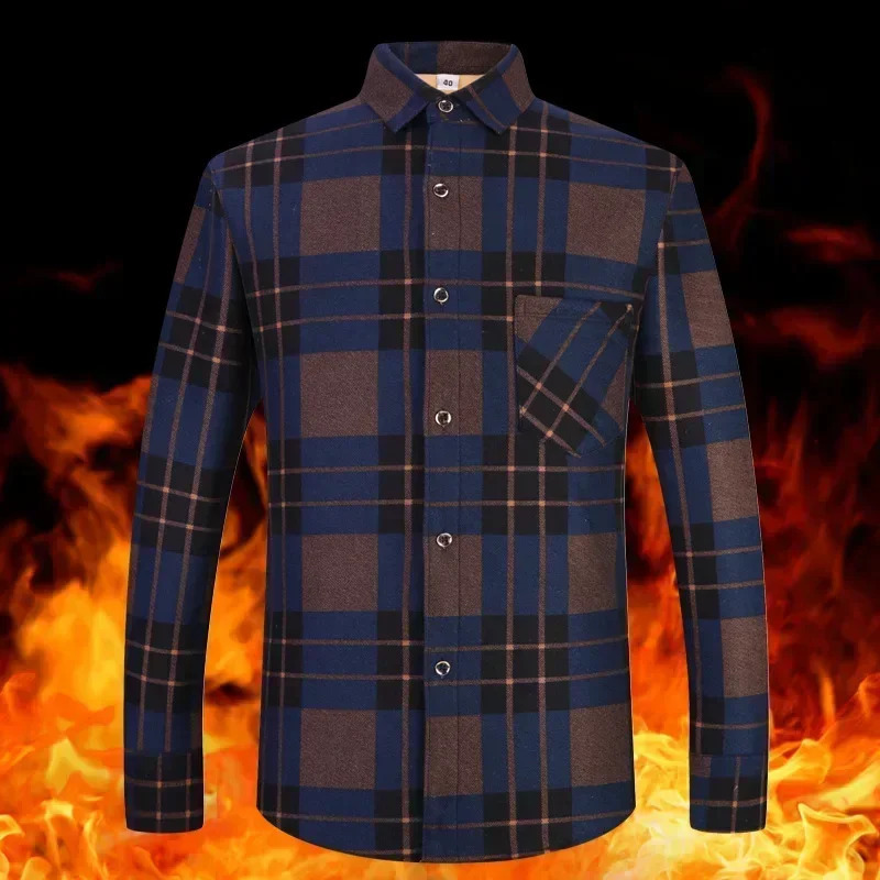 Autumn Winter Warm Plaid Shirts For Men Thick Velvet Long Sleeve Shirt Tops Slim Casual Business Male Jacket Thick Warm Outwear 241223