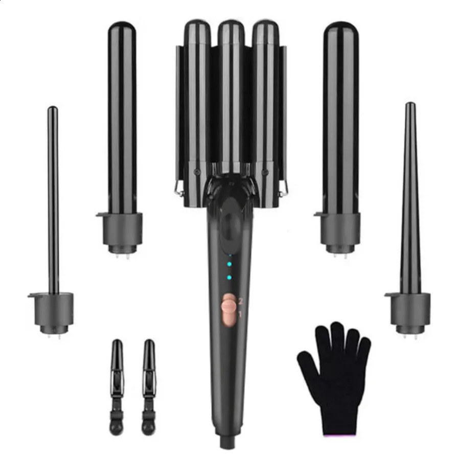 5 In 1 Iron Set With Brush And 4 Interchangeable Ceramic Curling Wand Instant Heat Up Dual Voltage Hair Curler 241223