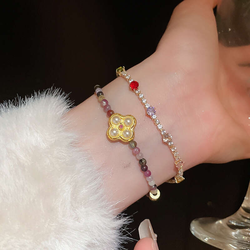 2025 Exquisite Fashion New Sweet Pink Bracelet with Zircon Inlaid Light Luxury Fashion Versatile Best Friend Bracelet Gold Plate Agate Diamond Designe