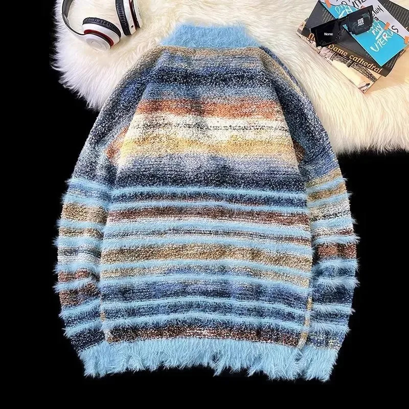 Vintage Rainbow Color Blocking Sweater Knitted Top Cardigan Loose Fit Casual Niche Situation Trendy American Style Idle Style i241223