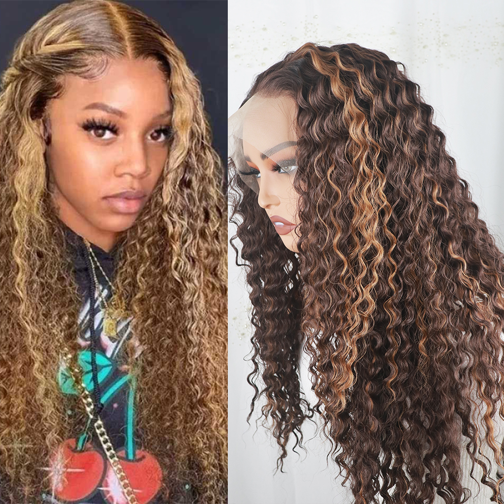 13*4 Lace Front Synthetic Deep Wave Wigs 180Density Klein Blue Curly Wig For Christmas Party Cosplay Use Heat Resistant Fiber Resemble Human Hair