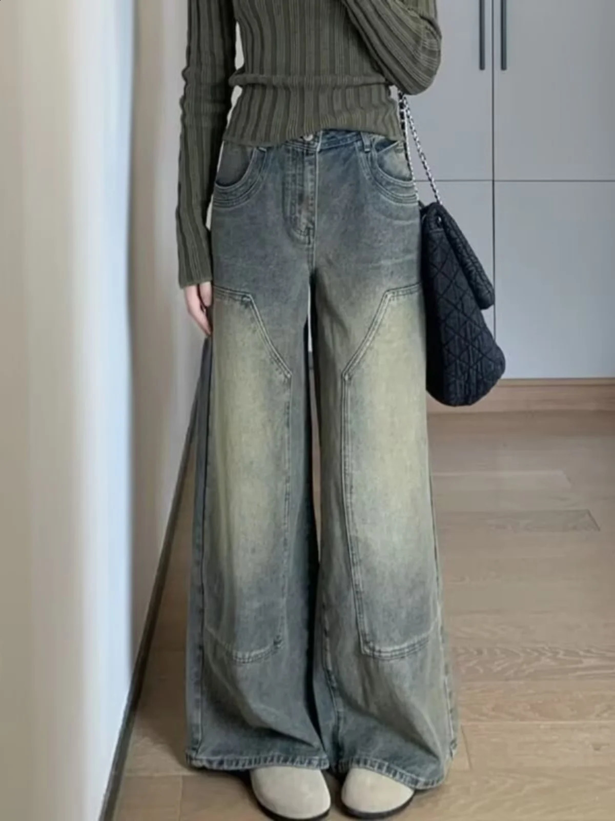 Blue Womens Jeans High Waist Vintage n Hip Hop Straight Baggy Denim Pants Street Y2K American Style Wide Leg Trouser 241218