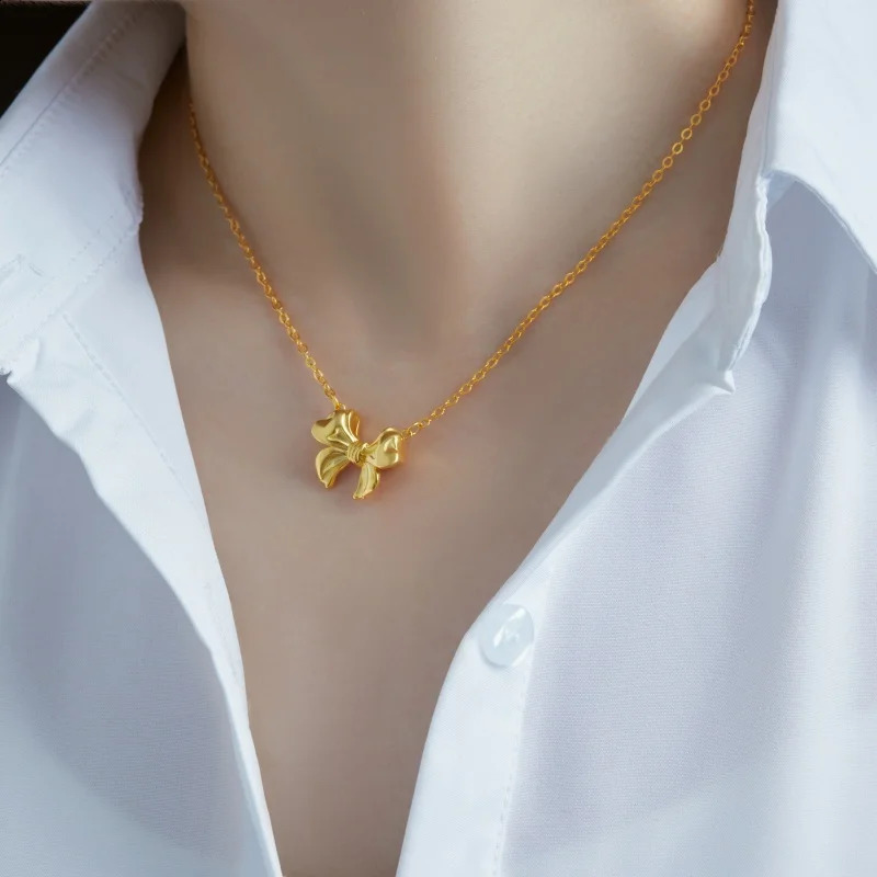 925 Sterling Silver Fashion Bow Pendant Necklace for Women Vintage Elegant 18K Gold-plated Chain Jewelry Gift 241220
