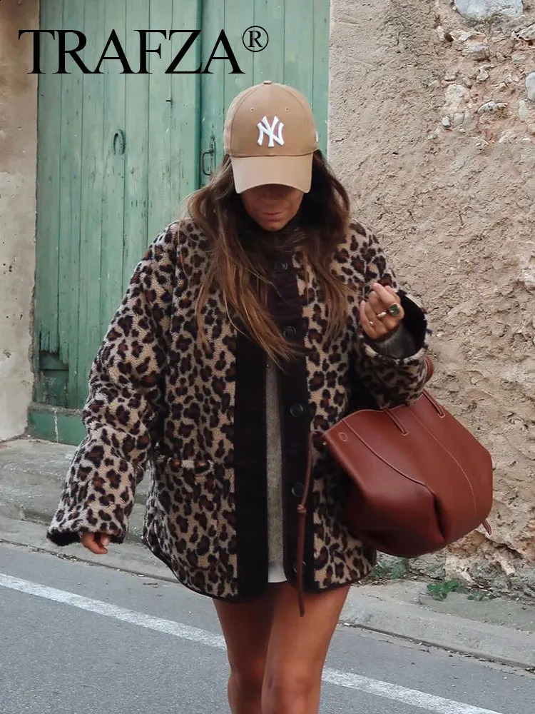 TRAFZA Y2K Leopard Jacket For Women Autumn Winter Casual Long Sleeve Single Breasted O Neck Coat Woman Fashion Streetwear Tops 241223