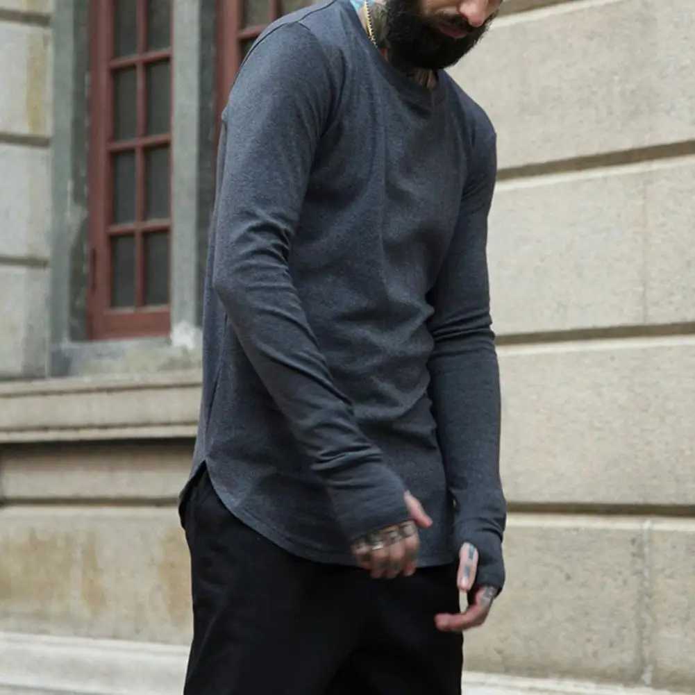 Casual mens top mens spring T-shirt long sleeves round neck soft warm thumb hole mens T-shirt M241223