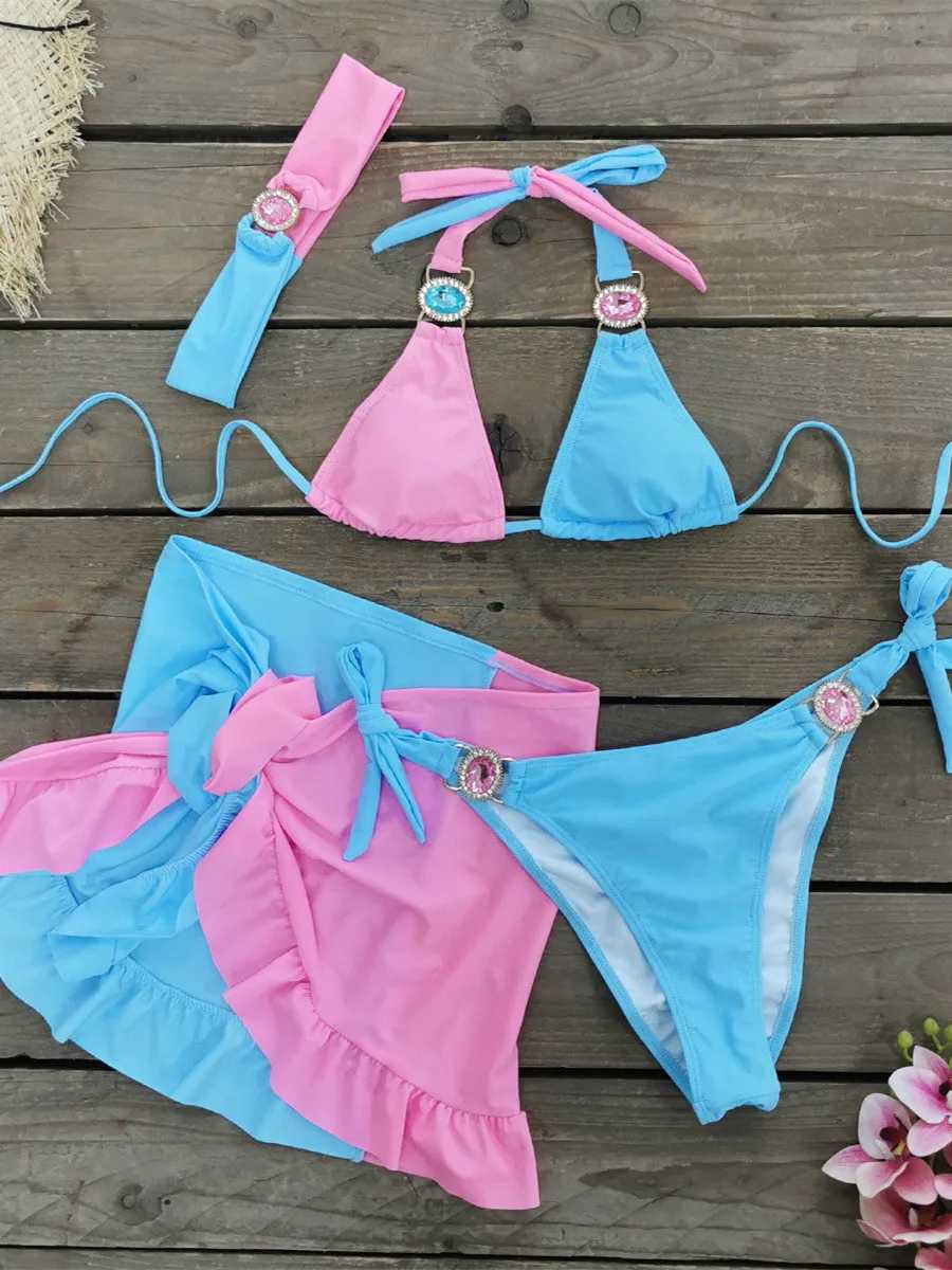 Sexy Skirt 4 Pieces Bikini Set Women Luxury Blue Patchwork Rhinestone Push Up Cover Up Swimsuit 2024 Beach Bathing Suit SwimwearXJ241223