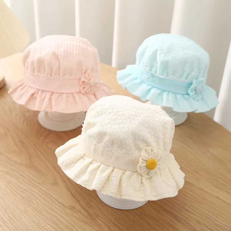 Caps Hats Cute bow decoration baby hat with new pleated edge printing bucket suitable for girls children outdoor adhesive cotton fishermans sun H24122