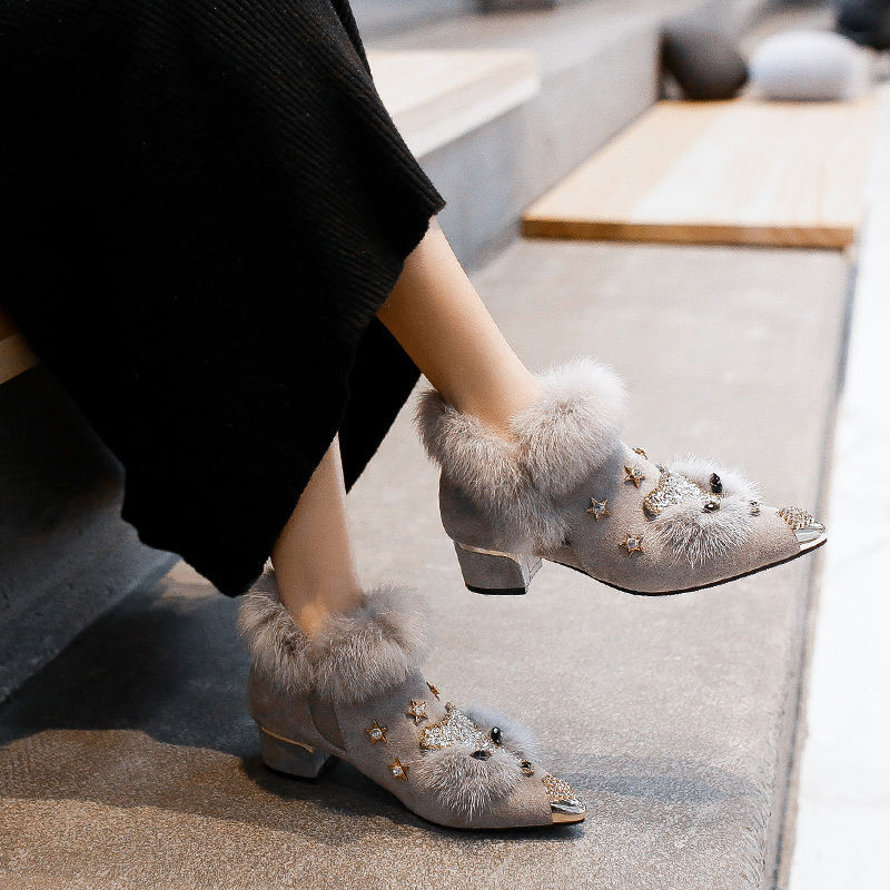 Elegant High-Heeled Crystal Booties for Women - Metallic Pointy Toes, Plush Inner with Fox Motif Ideal for Weddings and Special Events
