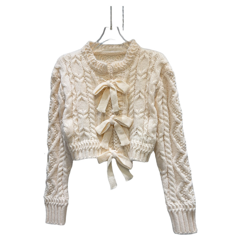 Sweet Spliced Bowknot Knitting Pullover Sweater For Womne Round Neck Long Sleeve Solid Temperament Sweater Female Winter New