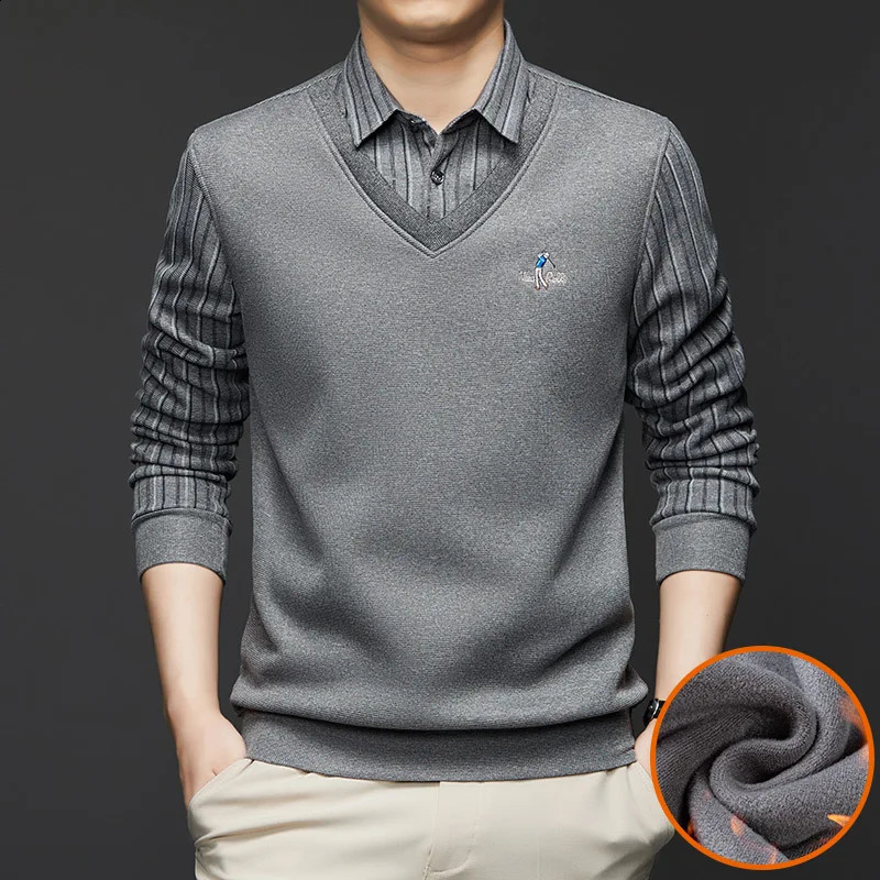 autumn and winter fleece thickened mens shirt long sleeve fake two warm high-quality non-ironing leisure slim fit 241223