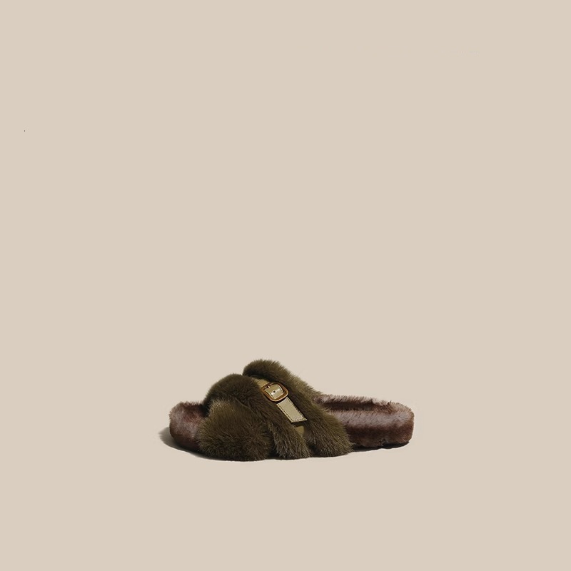 New Autumn 2023 Shoes For Women, Furry Flat Bottom Mink Fur Fairy Wearing Soft Soled Cotton Slippers