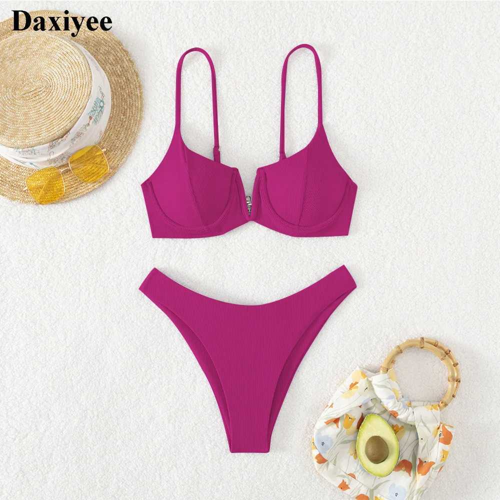 Sexy Underwired BikiniS 2024 Mujer Women Solid V-bra Push Up Two pieces Bikini Set High Cut Bathing Suit Padded Thong SwimsuitXJ241223