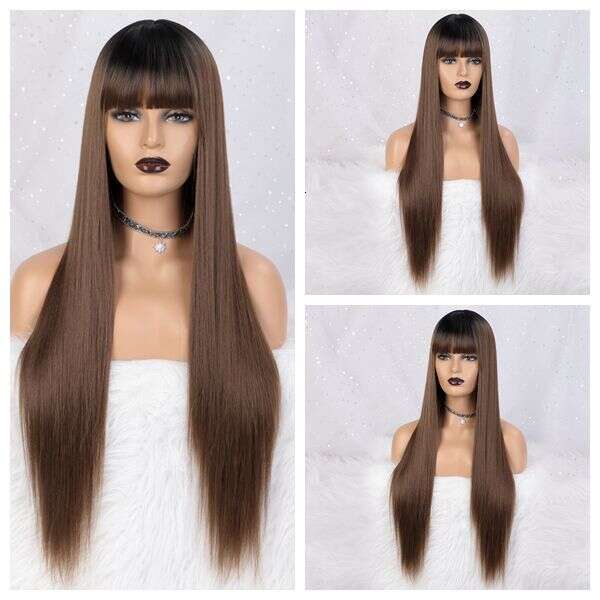 Women's Wig Made Of Synthetic Fiber, High-Temperature Silk, Hair With Bangs, Long Straight Hair, Breathable Wig, Headband, Wigs