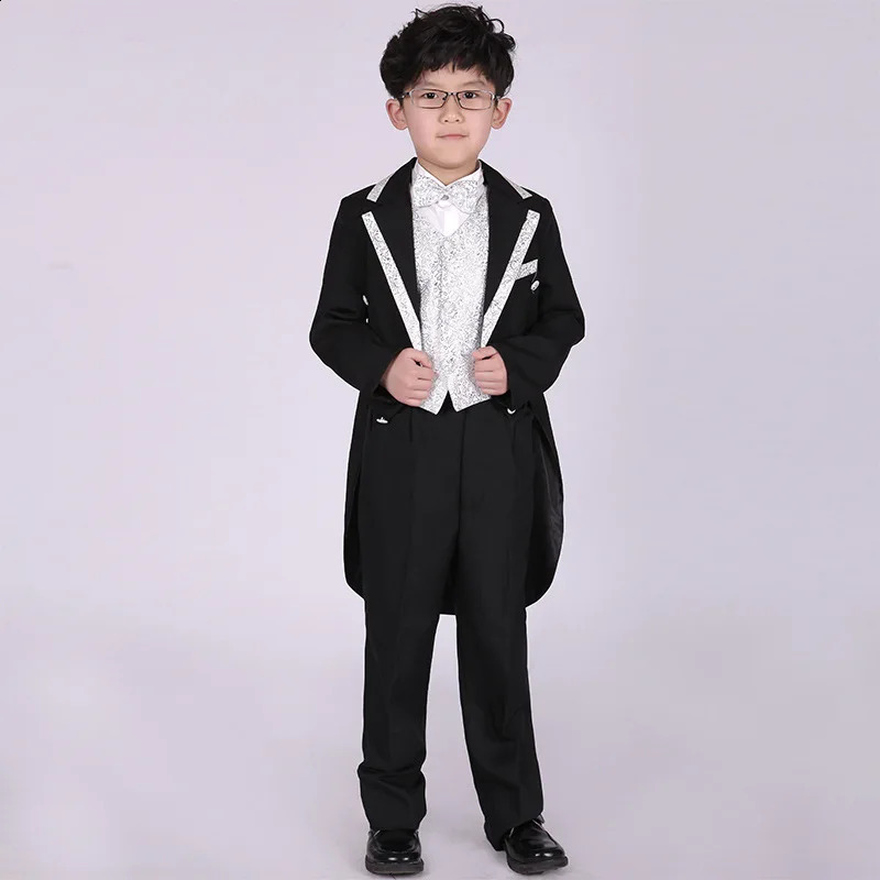 England Style Tuxedo Suits Boys Clothes Set Kids Formal Wedding Blazer Swallow-tailed Coat Kids Party Bow Tie Clothing 5PCS/Set 241223