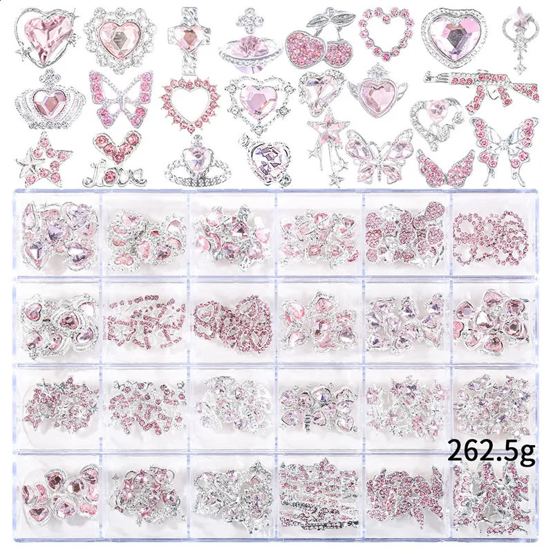 24 Grids Mix Style Heart Butterfly Cherry Planet Stars Gun Nail Art Y2K Charms Nail Rhinestones Crystal Decorations Accessories 241220