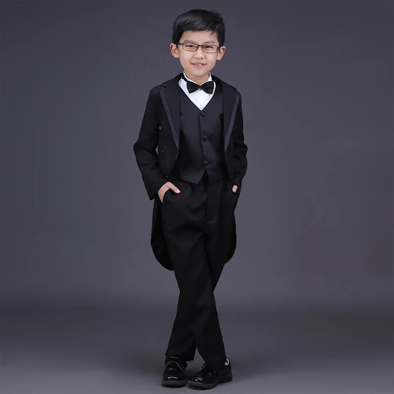 England Style Tuxedo Suits Boys Clothes Set Kids Formal Wedding Blazer Swallow-tailed Coat Kids Party Bow Tie Clothing 5PCS/Set 241223